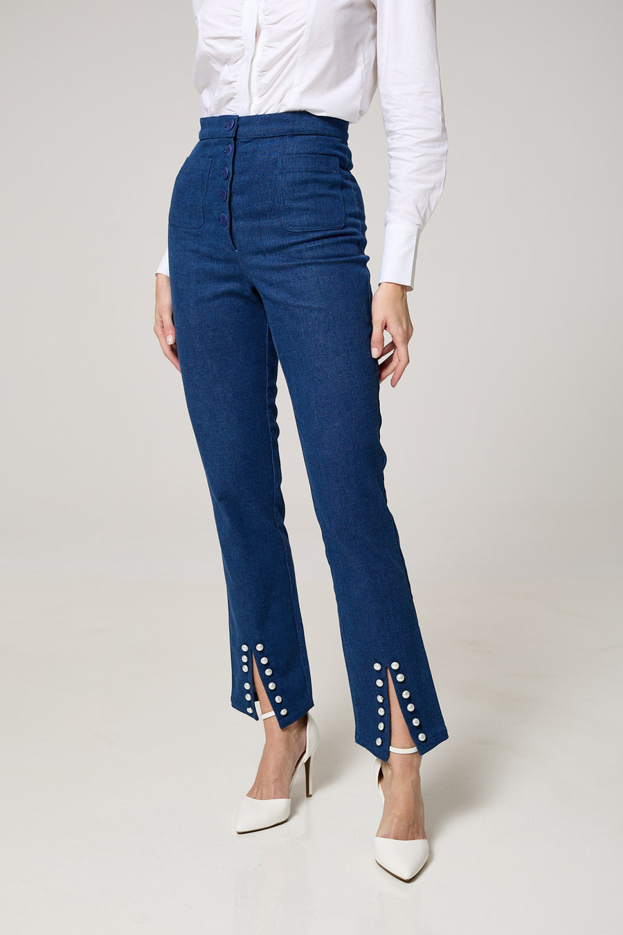 High-Waisted Button-Front Denim Jeans with Slit and Pearl Detailing