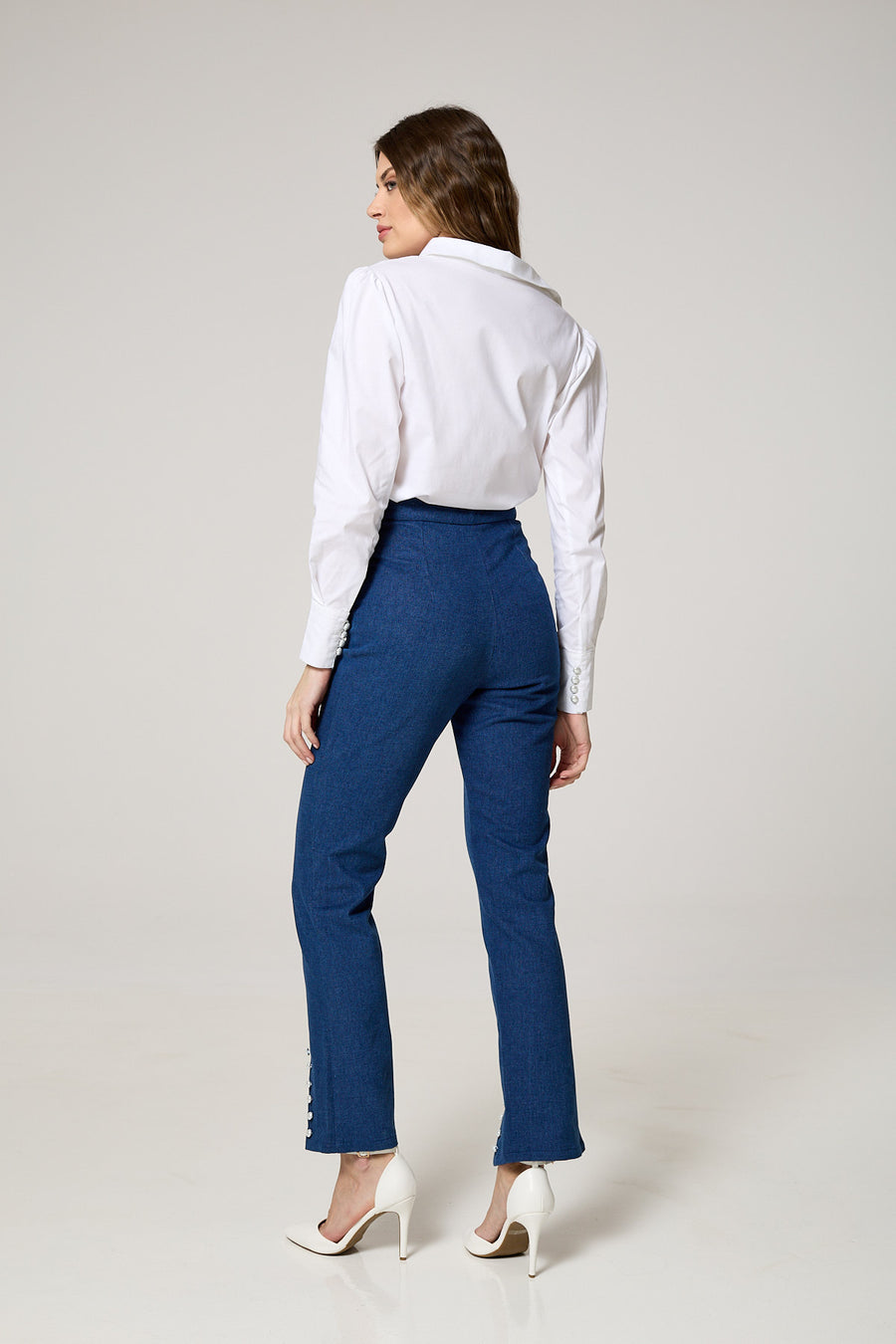 High-Waisted Button-Front Denim Jeans with Slit and Pearl Detailing