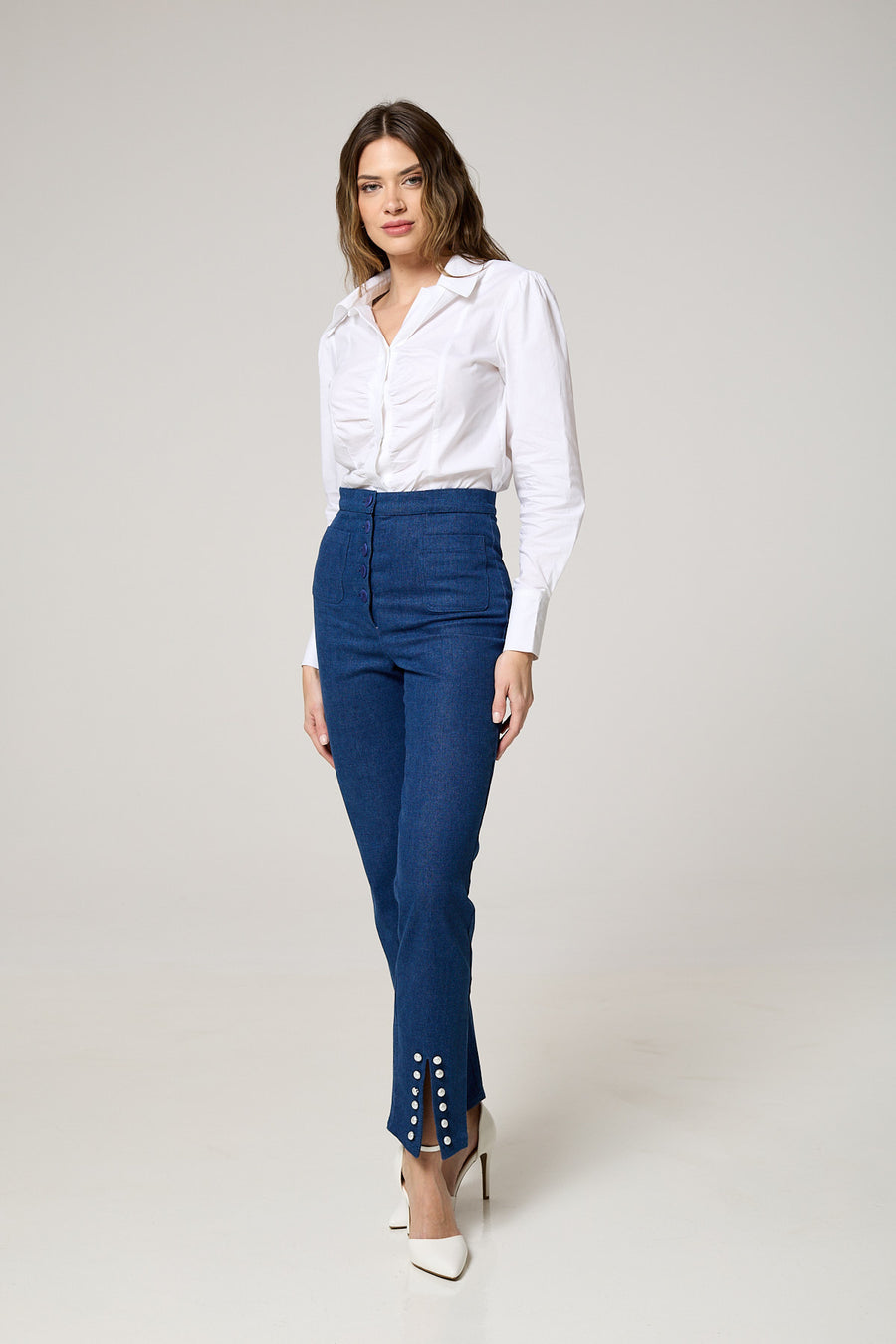 High-Waisted Button-Front Denim Jeans with Slit and Pearl Detailing