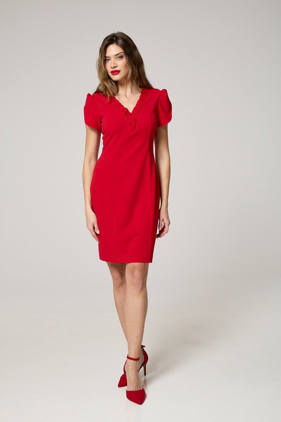 Elegant Red Ruffle V-Neck Dress