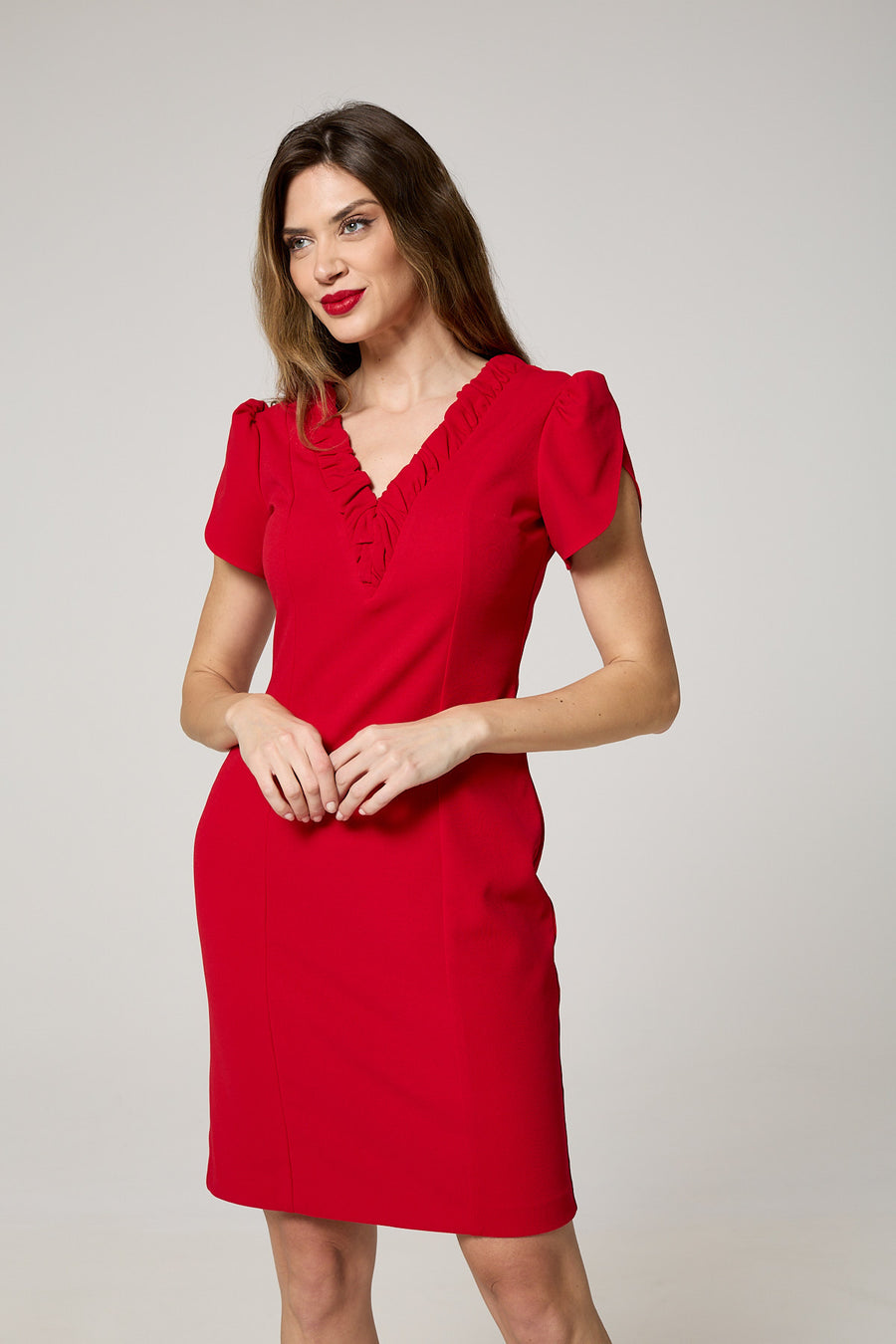 Elegant Red Ruffle V-Neck Dress