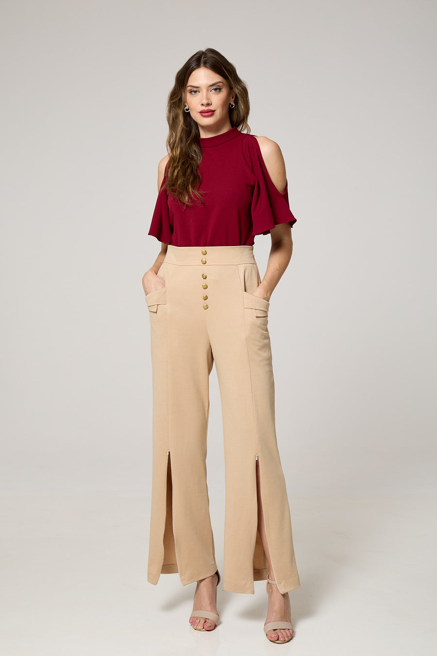 Elegant High-Waist Wide-Leg Trousers with Adjustable Slits