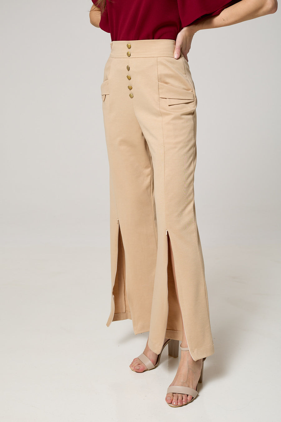 Elegant High-Waist Wide-Leg Trousers with Adjustable Slits