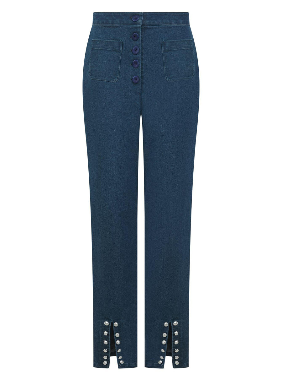 High-Waisted Button-Front Denim Jeans with Slit and Pearl Detailing